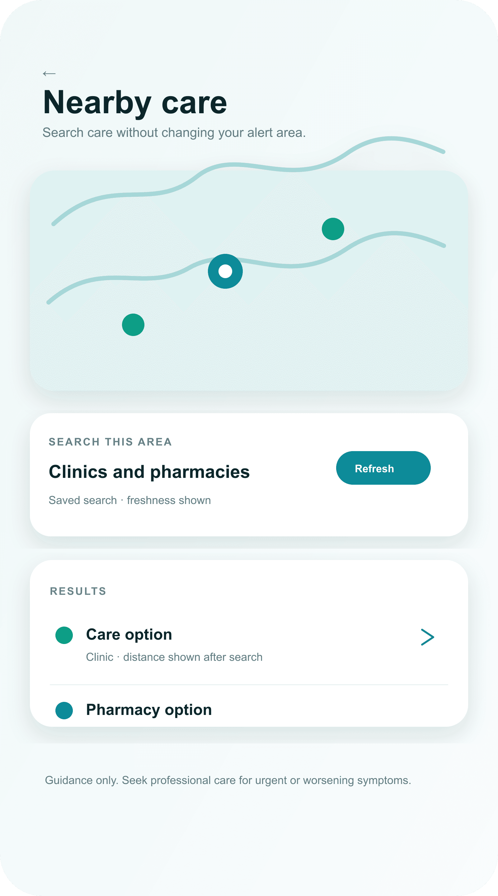 Synthetic MedGuard Nearby care prototype screen