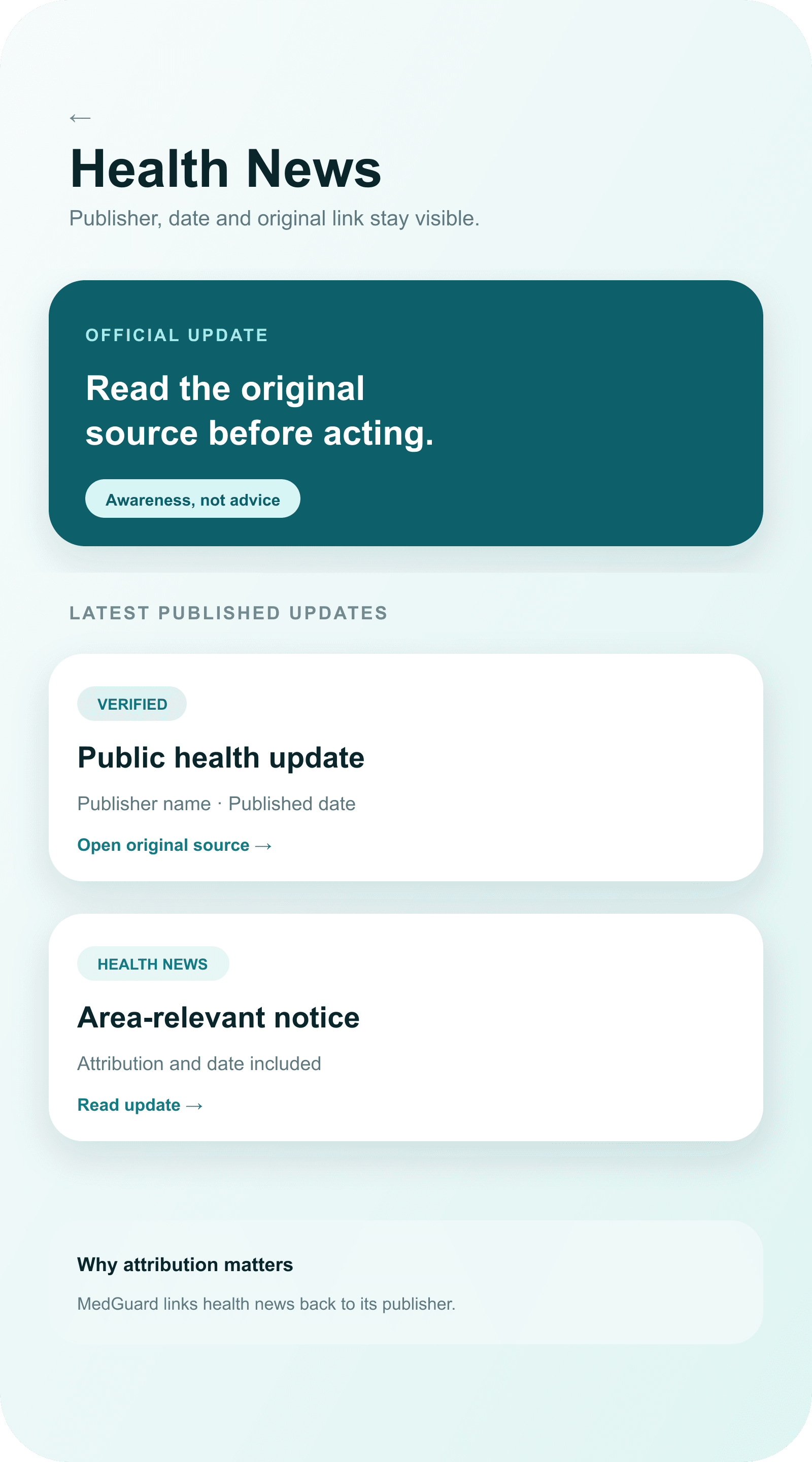 Synthetic MedGuard Health News prototype screen